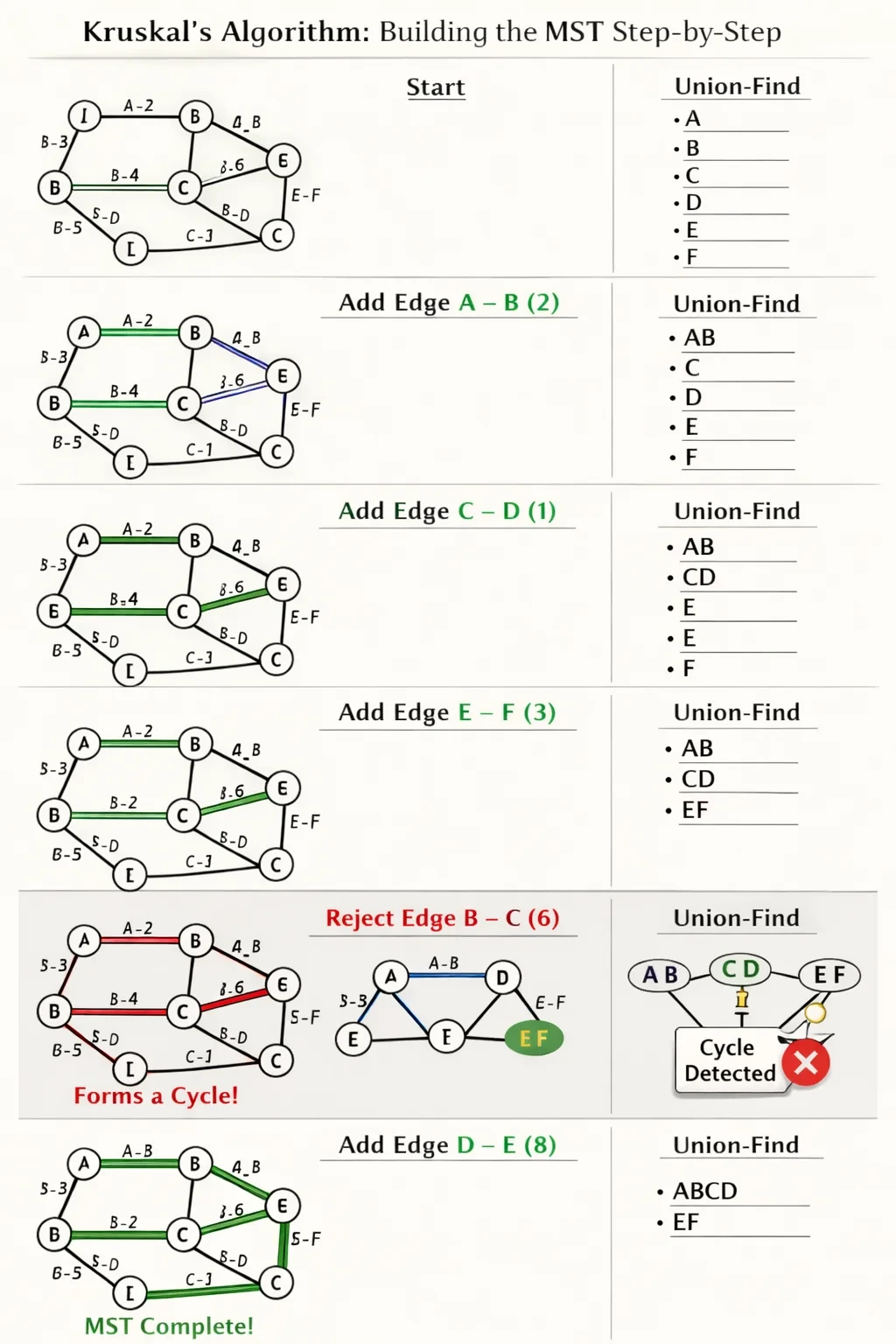 Kruskal 알고리즘 단계별 시각화, Union-Find 자료구조 활용 설명
